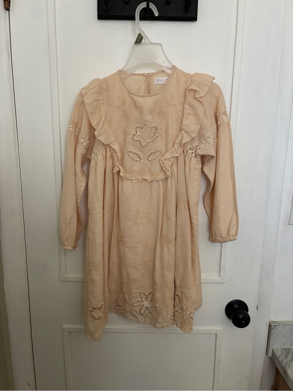 Zara Cream Embroidered Ruffle Long-Sleeve Dress